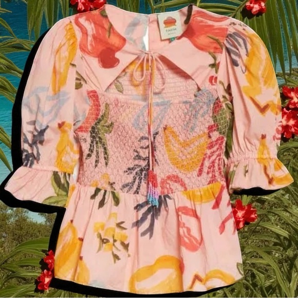 Farm Rio Mixed Fruit Smocked Bodice Sweetheart Blouse Summer Fun Novelty S - Picture 1 of 11